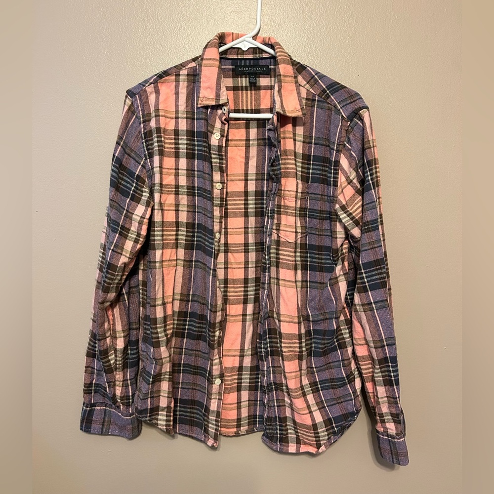 Aeropostale Pink and Blue Plaid Button Down Shirt